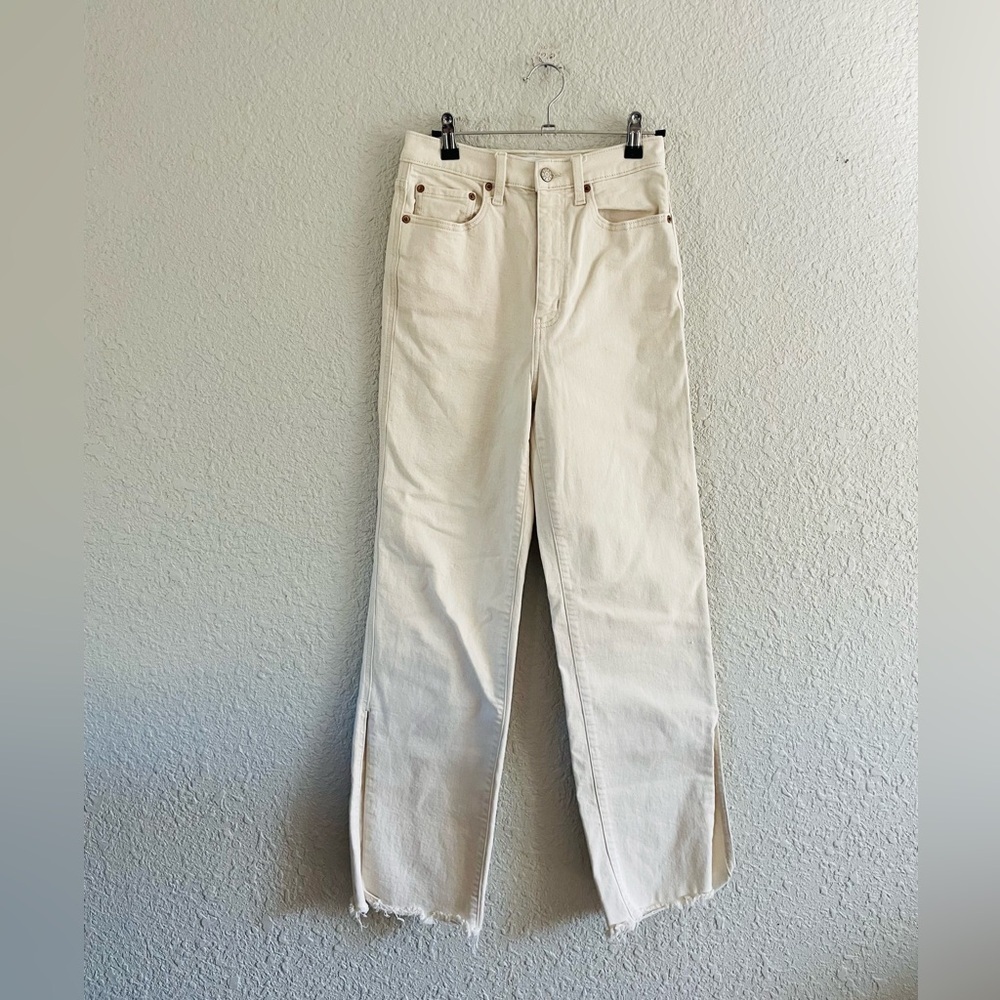 Daze High Rise Straight Side Slit Hem Cream Jeans
